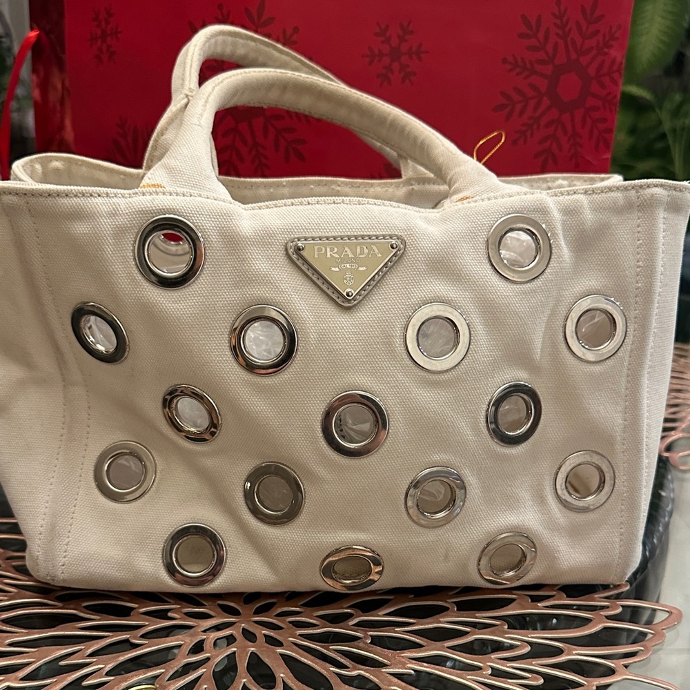 Prada Canapa Cream Canvas Tote Bag Chic and fun!
